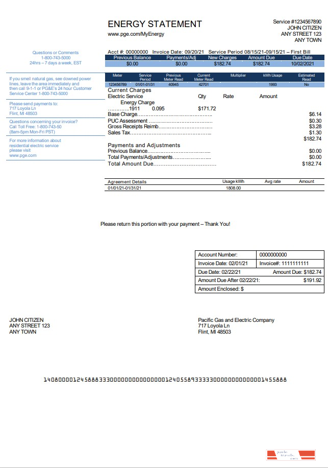 USA California PG&E (Pacific Gas and Electric Company) utility bill template in Word and PDF format, version 2